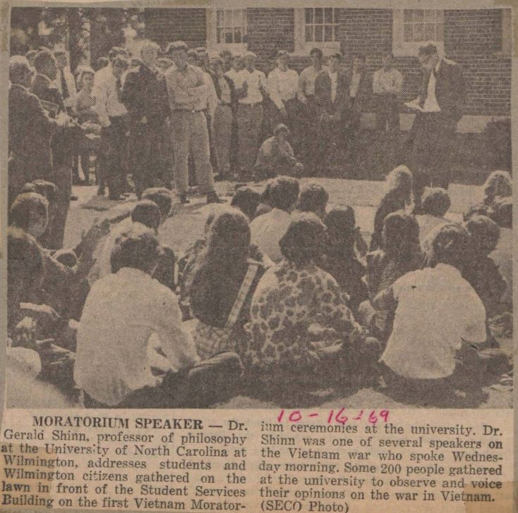News clipping featuring moratorium speaker Gerald Shinn and attendees at a memorial ceremony