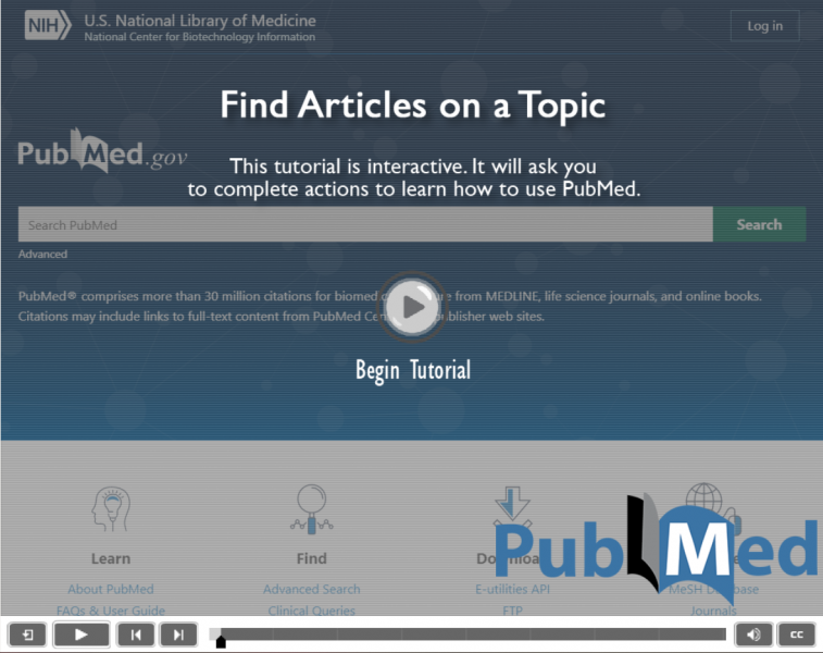 Screen clip from self-guided tutorial created by the National Library of Medicine which teaches users how to find articles on a topic using PubMed