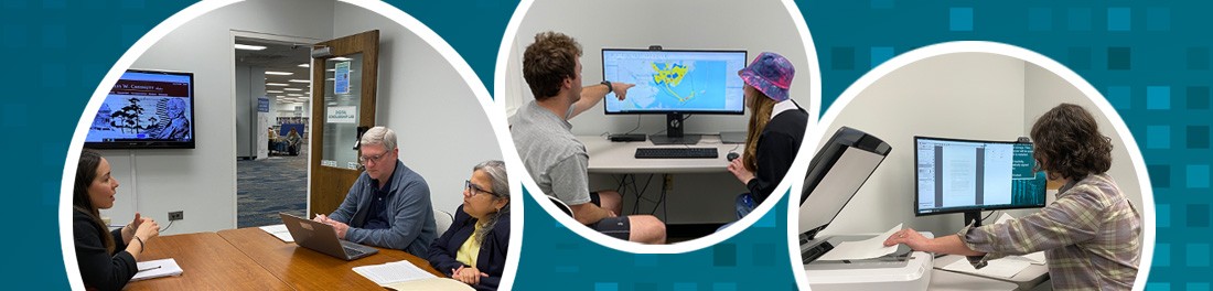 Three images of the DS Lab being used for consultation meetings and project work.