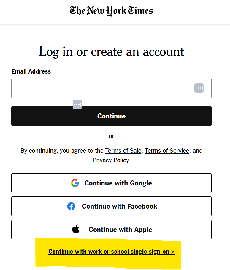 New York Times login screen