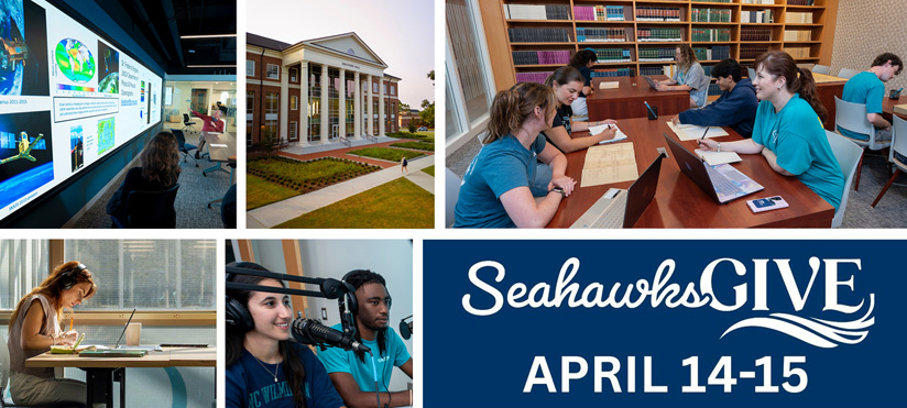 A collage of five photos showcasing UNCW Library resources and spaces, including a student viewing large digital display monitors, the exterior of Randall Library, students collaborating at a research table with a librarian, a student studying independently by a window, and two students recording a podcast in the MakerStudio, alongside the Seahawks Give logo and the dates April 14-15.